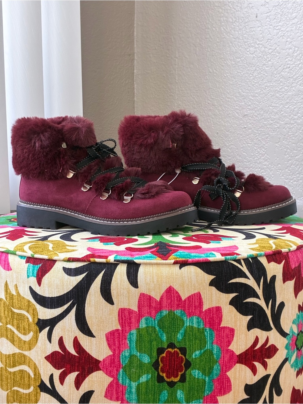 a new day Burgundy Faux-Fur Lace-Up Ankle Boots